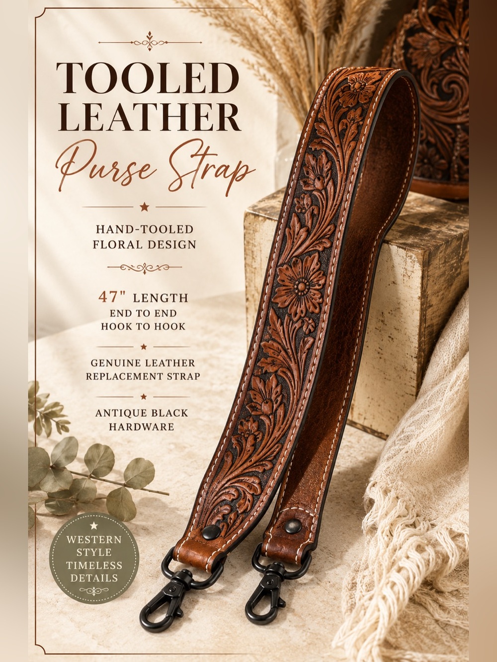 Hand-Tooled Floral Genuine Leather Purse Strap 47” Replacement Crossbody Strap